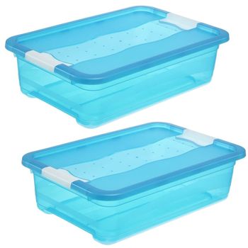 2x Cubo De Almacenaje Con Tapa, Plástico, Azul Transparente, 28 L