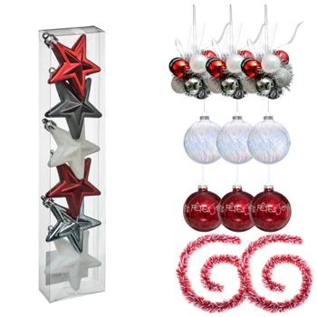 Pack Decoración Navidad Rojo/plata/blanco: 6 Estrellas Navidad + 3 Bola Cristal 100 Mm.