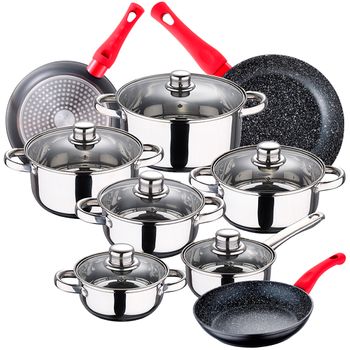 PK356 Batería de Cocina 8 Piezas y Set de SARTENS San Ignacio-8 piezas  sartén rojo, Cromo