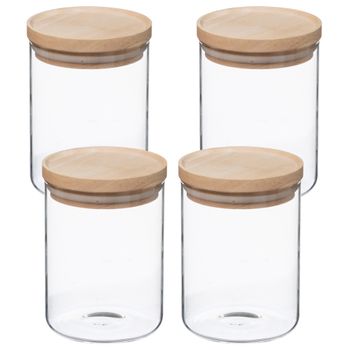 Set 4 Tarros De Vidrio Y Madera Wellhome 9,7x14cm 600 Ml Transparente