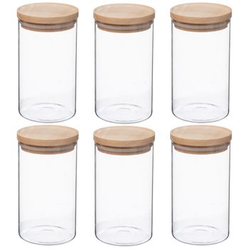 Set 6 Tarros De Vidrio Y Madera Wellhome 9,8 X 18 Cm 1l Transparente