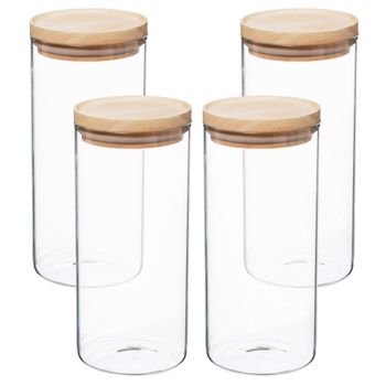 Set 4 Tarros De Vidrio Y Madera Wellhome 9,6 X 22 Cm 1,3l Transparente