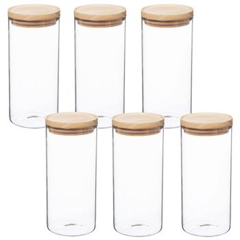 Set 6 Tarros De Vidrio Y Madera Wellhome 9,6 X 22 Cm 1,3l Transparente