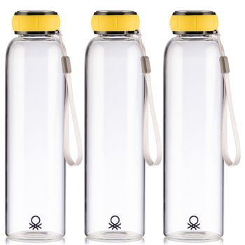 Set De 3 Botella De Agua Con Tapa Amarilla Borosilicato Casa Benetton 550 Ml C/u