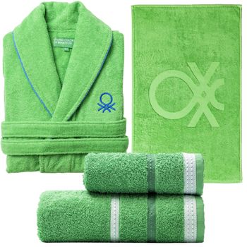 Set Textil Baño Benetton Verde: Albornoz M/l, 2 Toallas, Alfombra Baño 100% Algodón.