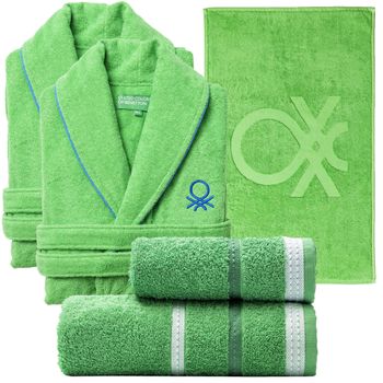 Set Baño Benetton Verde: 2xalbornoz M/l, Set 2 Toallas, Alfombra.