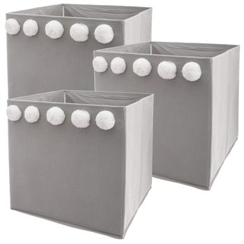 Set De 3 Cakas De Almacenamiento Con Pompones Wellhome 29x29x29 Cm Gris