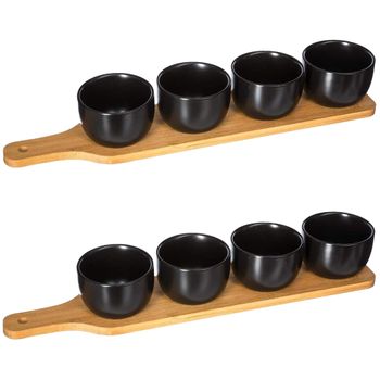 2x Set De Aperitivo De 5 Piezas Color Negro Con Tablas En Bambú Y Vasitos En Loza