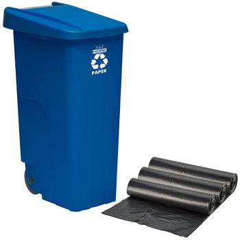 Contenedor Wellhome Reciclo 110 Litros, Cerrado Con Tapa, Ideal Para Reciclaje De Papel Y Cartón, Con Ruedas + 3x Bolsas De Basura De 10 Unidades|ø51