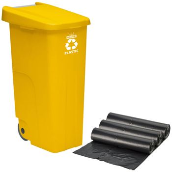 Contenedor Wellhome Reciclo 110 Litros, Cerrado Con Tapa, Ideal Para Reciclaje De Plásticos, Con Ruedas + 3x Bolsas De Basura De 10 Unidades|42x57x88