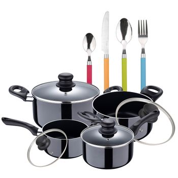 Juego De Batería De Cocina En Aluminio Prensado + Set De 24pcs Cubertería Con Mangos Multicolor