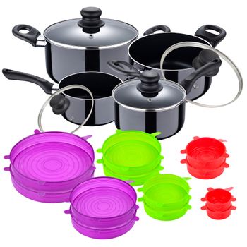 Juego De Batería De Cocina En Aluminio Prensado + Set De 12pc De Tapas De Silicona