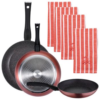 Pack De 3 Sartenes Ø20/24 Y 28 Cms + Set De 4pc Paños De Cocina De Algodón Aluminio Forjado / Algodón San Ignacio   Cobre / Rojo