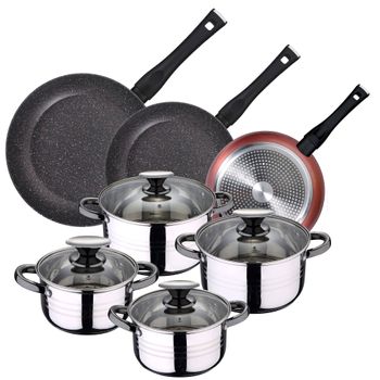 Pack De 3 Sartenes Ø20/24 Y 28 Cms + Batería De Cocina De 8pc En Acero Inoxidable Aluminio Forjado / Acero Inoxidable San Ignacio   Cobre / Cromado