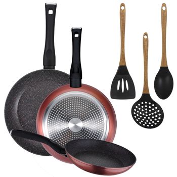 Pack De 3 Sartenes Ø20/24 Y 28 Cms + Set De 3pc De Utensilios De Cocina En Silicona