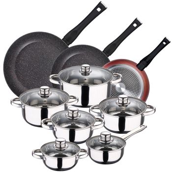 Pack De 3 Sartenes Ø20/24 Y 28 Cms + Batería De Cocina De 12pc En Acero Inoxidable