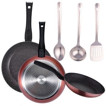 Pack De 3 Sartenes Ø20/24 Y 28 Cms + Set 3pc De Utensilios De Cocina En Acero Inoxidable