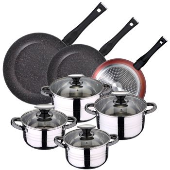 Pack De 3 Sartenes Ø20/24 Y 28 Cms + Batería De Cocina 8pc En Acero Inoxidable