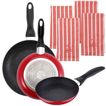 Pack De 3 Sartenes San Ignacio  Ø16cm Ø20cm Ø24cm + Set De 4 Paños De Cocina Color Rojo