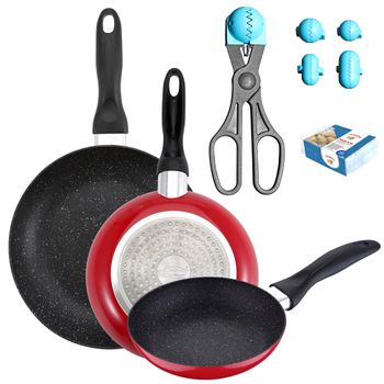 Pack De 3 Sartenes San Ignacio  Ø16cm Ø20cm Ø24cm + Utensilio Multiusos Con 4 Moldes Intercambiables + 20 Bandejas De Conservación