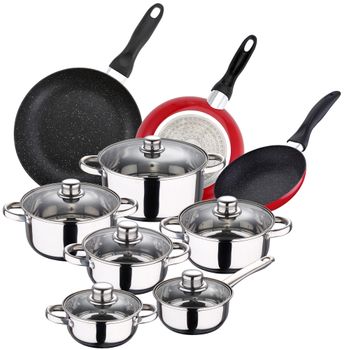 Pack De 3 Sartenes San Ignacio  Ø16cm Ø20cm Ø24cm + Batería De Cocina De 12 Piezas En Acero Inoxidable