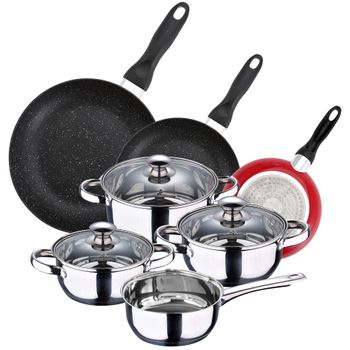 Set 5pc sartenes (con tapa) aluminio prensado inducción con Set 3 pc  utensilios cocina acero inoxidable