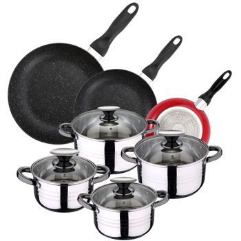 Pack De 3 Sartenes San Ignacio  Ø16cm Ø20cm Ø24cm + Batería De Cocina De 8pc En Acero Inoxidable