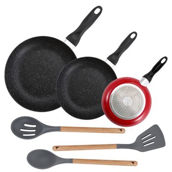 Pack De 3 Sartenes San Ignacio  Ø16cm Ø20cm Ø24cm + Set De 3pc De Utensilios De Cocina En Silicona Y Madera