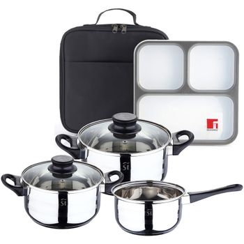 Batería De Cocina 5 Piezas Acero Inox. Con Hermético Y Bolsa San Ignacio