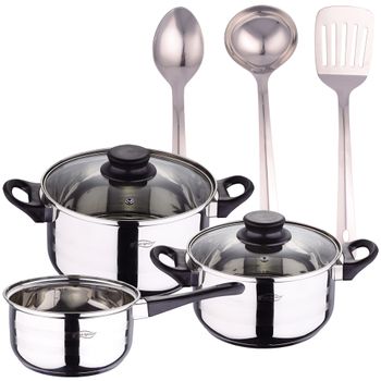 Pack Batería De Cocina 5 Piezas + Set De 3pc Utensilios De Cocina En Acero Inoxidable