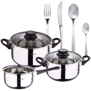 Pack Batería De Cocina 5 Piezas + Set De Cubertería 16pc En Acero Inoxidable