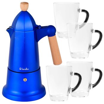 Set De 4 Tazas De Cristal Con Cafetera En Aluminio De Benetton Azul