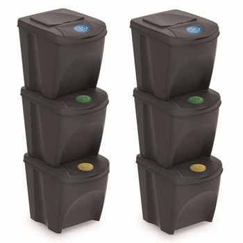 2 Pack De 3 Cubos De Reciclaje De Plástico 75l De Compartimento Negro