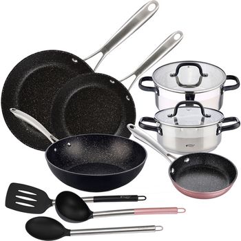 BATERÍA DE COCINA SIP 8 PIEZAS (DOS CAZOS + TRES OLLAS CON TAPA DE VIDRIO)  CON SET DE 3 SARTENES Ø16/20/24 CMS., INDUCCIÓN