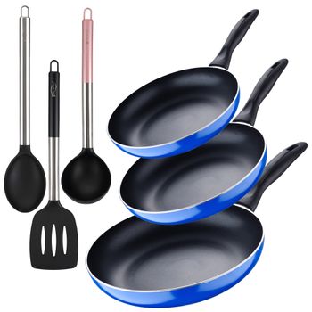 Set 3 Sartenes Aluminio Inducción Azul Navy Con 3 Utensilios Cocina Nylon.