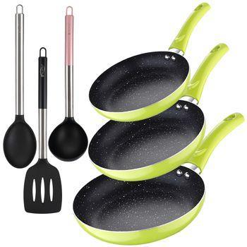 Set 3pc Sarten (20+24+28cm) Aluminio Prensado Verde Con Set 3pc Utensilios De Cocina Nylon