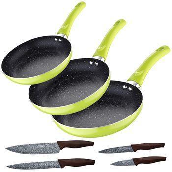 Set 3pc Sarten (20+24+28cm) Aluminio Prensado Verde Con Set 4pc Cuchillos Acero Inoxidable