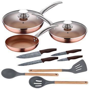 Set 5pc Sartenes Aluminio Con Tapa, 3pc Utensilios Silicona Y Madera, 4pc Cuchillos Inox.