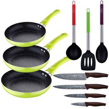 Set Sartenes Aluminio Verde, Utensilios Nylon Y Cuchillos Acero Inoxidable.