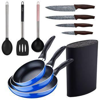 Kit Cocina Completo: Sartenes Y Utensilios Aluminio Y Acero Inoxidable, Azul Navy.