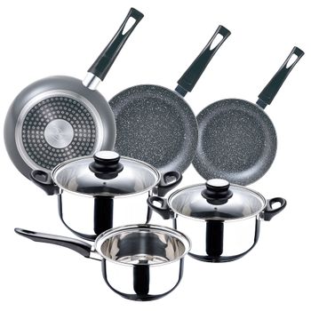 Batería Cocina "palma" 5pc En Acero, 3 Sartenes ¡completo Y Funcional!