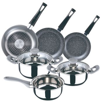 Juego De Bateria De Cocina 5pc "alexia" + Set 3 Sartenes (16/20/24cm) En Aluminio Prensado