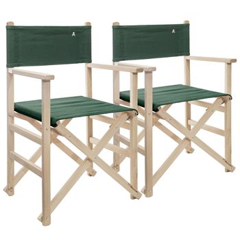 Set De 2 Sillones Director Plegables Estructura Sin Barniz Verde Oscuro Madera De Haya