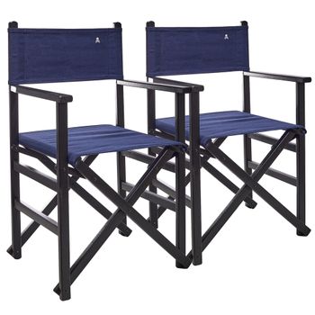 Set De 2 Sillones Director Plegables Estructura Wengué Azul Oscuro, Madera De Haya