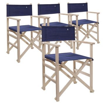 Set De 4 Sillones Director Plegables Estructura Sin Barniz Azul Oscuro, Madera De Haya