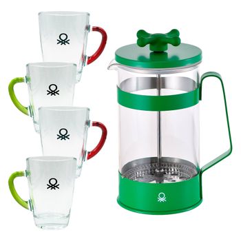 Cafetera Con Émbolo 600ml Verde + Set De 4 Tazas (rojo Y Verde) Raibow Benetton.