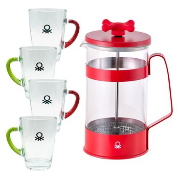 Cafetera Con Émbolo 600ml Roja + Set De 4 Tazas (rojo Y Verde) Raibow Benetton.