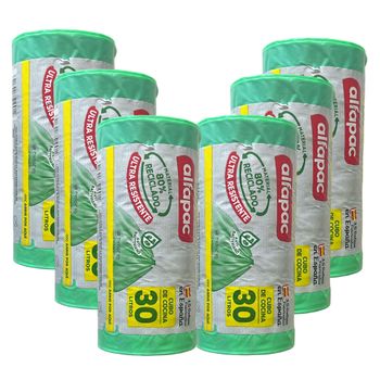 80% Reciclado 6 Rollos 15 Bolsas 'antibacterias' 55x60cm 30l Autocierre (90 Bolsas)