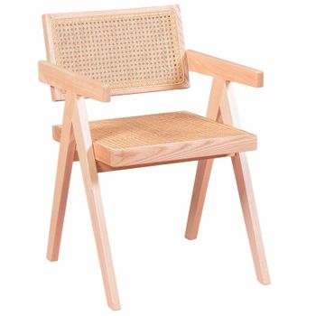 Silla Cásica Con Reposabrazos En Rattan Natural Y Madera De 51x52x77cm - Fresno Natural