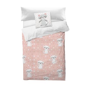 Funda Nórdica Cuna Nordic Cat Pink 100x120, 100% Algodón. Incluye Funda De Almohada